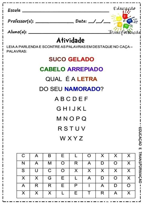 Atividades Escolares Sequência didática a parlenda Atividades