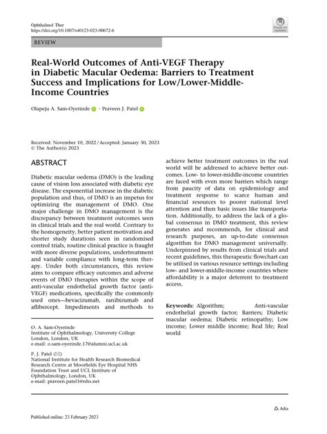 Pdf Real World Outcomes Of Anti Vegf Therapy In Diabetic Macular Oedema Barriers To Treatment