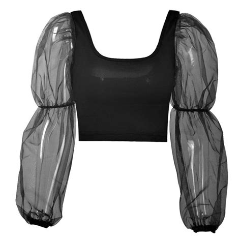 Sexy Sheer Mesh Puffy Sleeve Crop Tops Y2k 90s 00s Streetwear