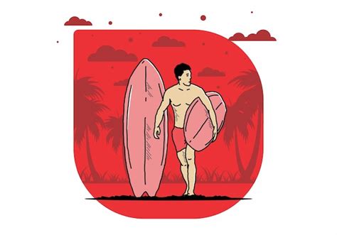 Premium Vector The Shirtless Man Holding Surfboard Illustration