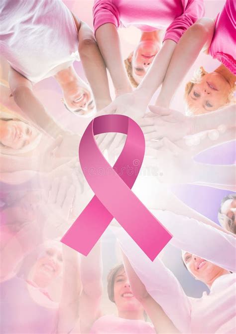 Pink Ribbon With Breast Cancer Awareness Women Putting Hands Together