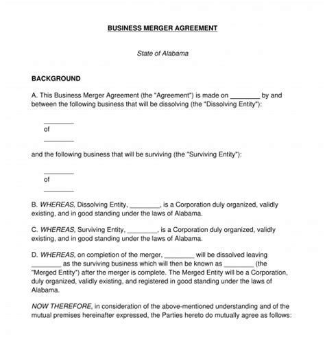 Business Merger Agreement Free Sample Template