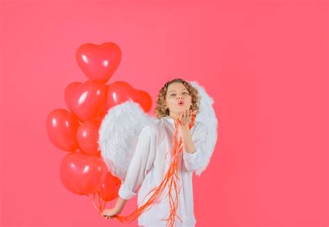 Premium Photo Love Female Angel With Heart Shape Balloons Valentines