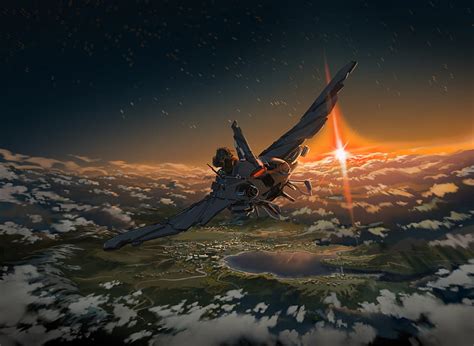 Anime spaceship, sky, flying, scenery, sunset, anime girl, clouds ...