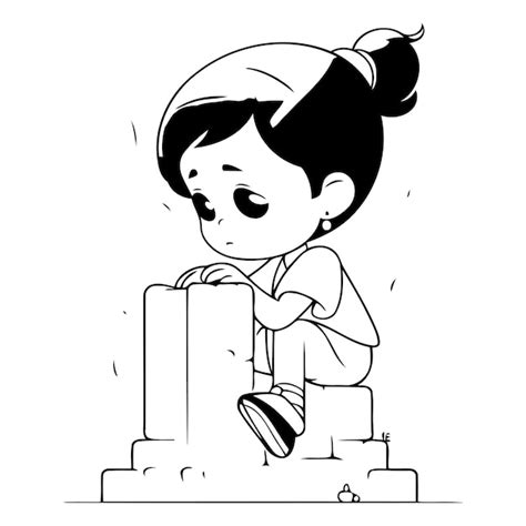 Premium Vector Cute Little Girl Sitting On The Big Stone Cartoon