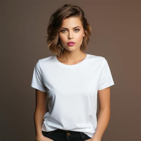 Una Hermosa Mujer Vestida Con Una Camiseta Blanca Y Lisa Sobre Un Fondo