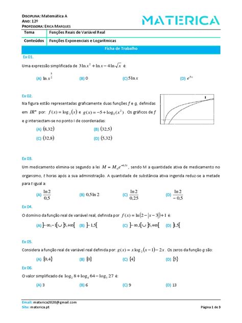 Ficha 11 Funções Exponenciais E Logarítmicas 12 Pdf Função