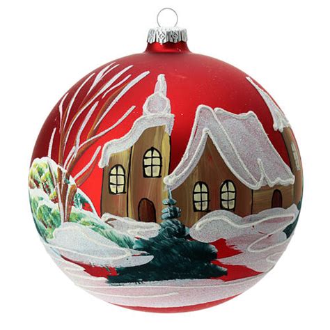 Boule de Noël verre soufflé rouge église enneigée 150 mm vente en