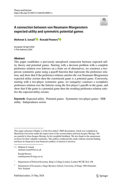 Pdf A Connection Between Von Neumann Morgenstern Expected Utility And