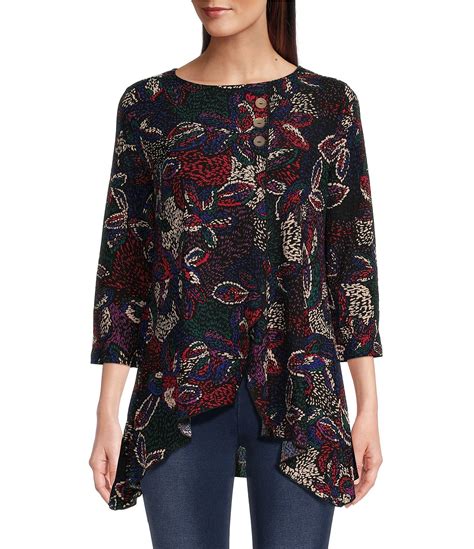 Calessa Textured Puckered Knit Printed Crew Neck 3 4 Sleeve