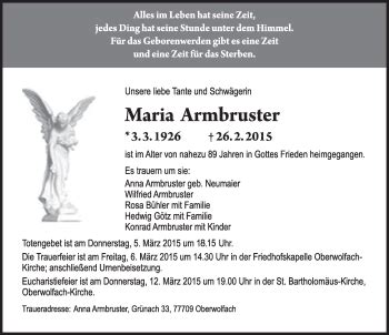 Traueranzeigen von Maria Armbruster Schwarzwälder Bote Trauer