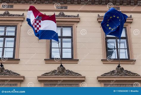 Croatian and EU Flags in Zagreb Stock Photo - Image of time, detail ...