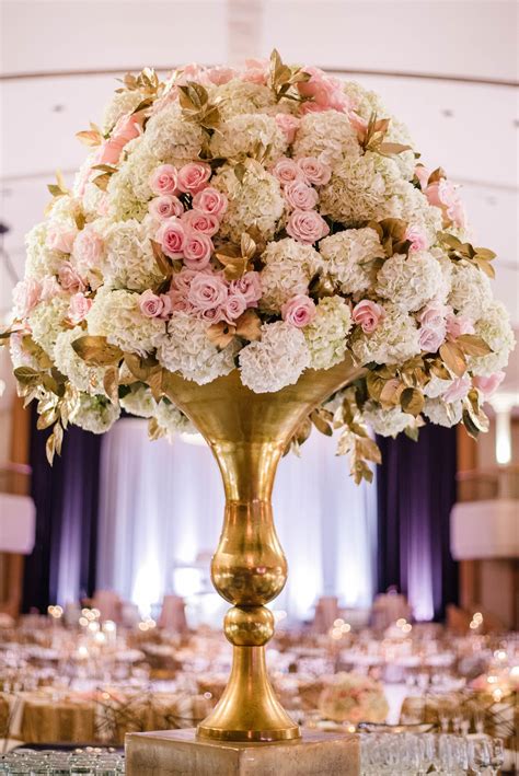 Elegant Gold Vase Centerpiece With Hydrangeas And Pink Roses