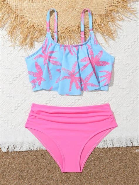 Tween Girl Tropical Print Ruched Bikini Swimsuit Shein Usa