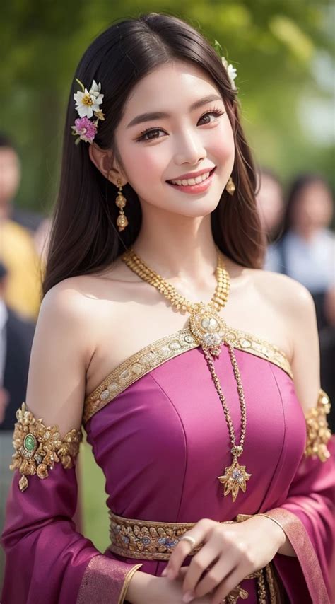 สาวไทยในชุดไทยดั้งเดิมสีม่วงแดงลายวิจิตร สร้างขึ้นด้วย Seaart Ai