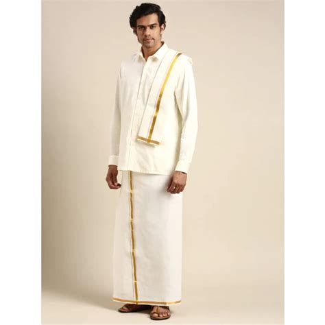 Mens Wedding Set Cream Regular Dhoti Shirt Towel Arathi Send