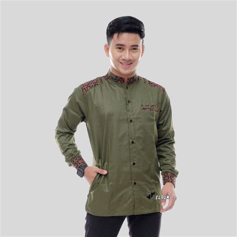 Jual Baju Koko Pria Warna Hijau Olive Lengan Panjang Motif Adidis