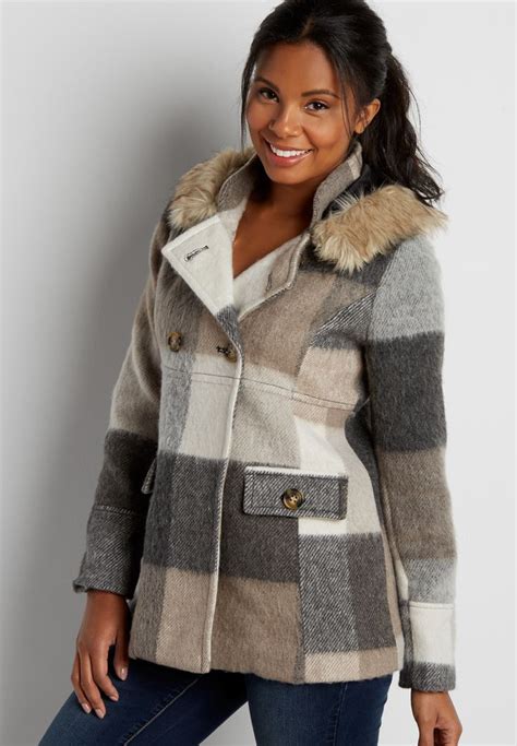 Wool Blend Plaid Coat With Faux Fur Trimmed Hood Plaid Coat Brown