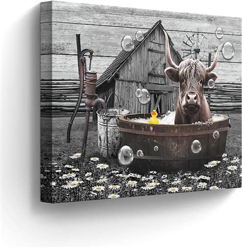 AVOI Farmhouse Bathroom Decor Wall Art Cute Highland Cow In Bathtub