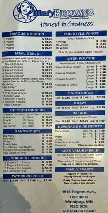 Menu At Mary Brown S Chicken Restaurant Winnipeg Pembina Hwy