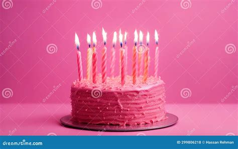 Pink Birthday Cake With Many Pink Birthday Candles And Sparklers