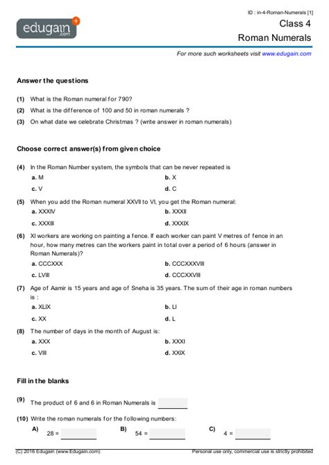 Class Math Worksheets And Problems Roman Numerals Edugain India