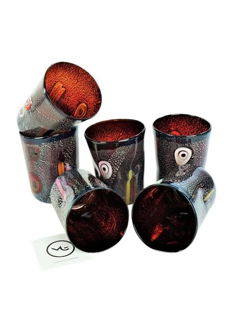 Lava Set Of Six Dark Red Murano Drinking Glasses Teone Made