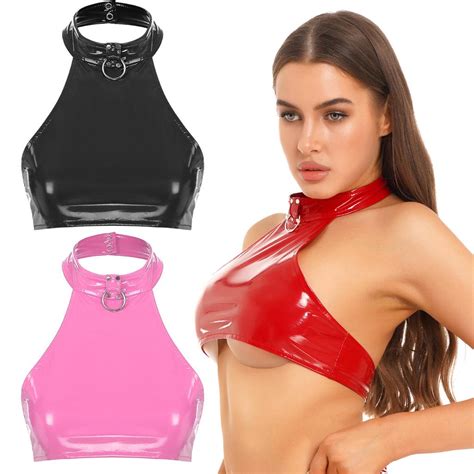 Cheap Womens Fashion O Ring Halter Vest Tops Backless Sleeveless Patent Leather Crop Top For