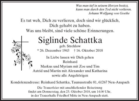 Traueranzeigen Von Siglinde Schattka Vrm Trauer De