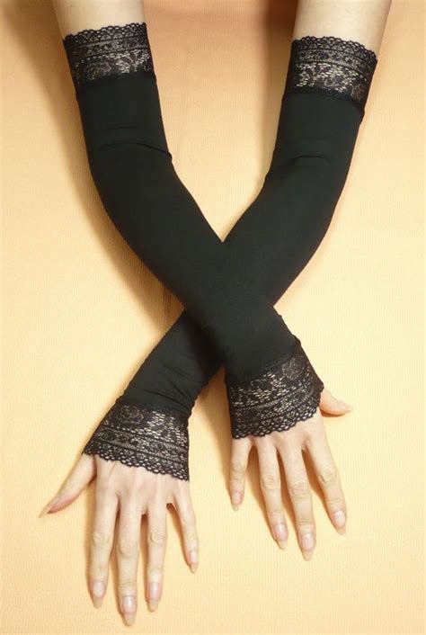 Long Black Elegant Evening Fingerless Opera Gloves With Lace Retro