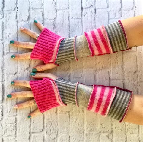 Striped Fingerless Arm Warmers In Pink And Gray Recycled Etsy Arm