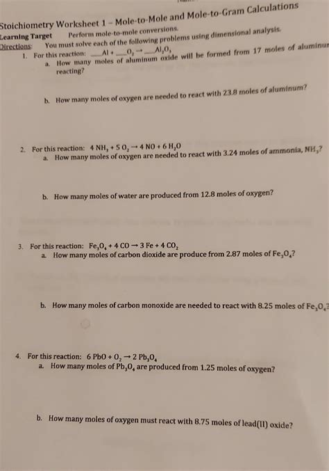 Solved Stoichiometry Worksheet Mole To Mole And Chegg