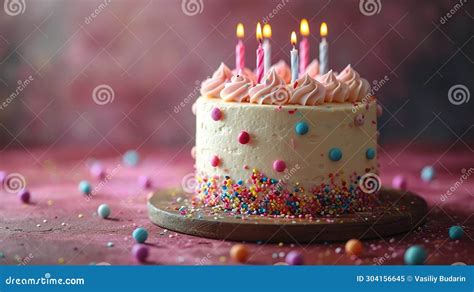 Celebration Birthday Cake With Colorful Sprinkles And Twenty One Colorful Birthday Candles Stock