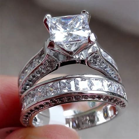 Vintage Ring Pave Setting 5a Zircon Cz 925 Sterling Silver Engagement Wedding Band Rings Set For