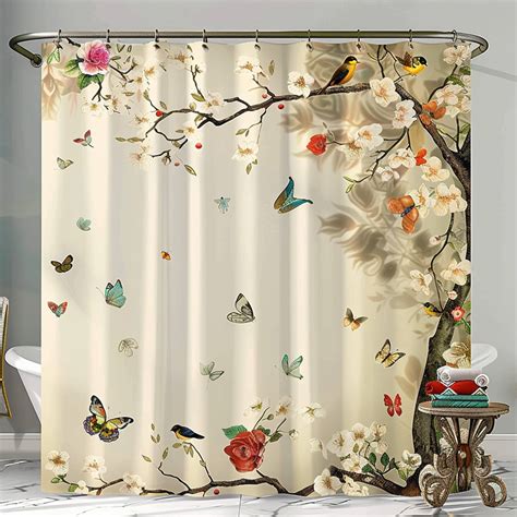 Natureinspired Shower Curtain With Birds Butterflies And Floral Tree