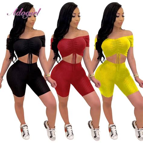 Women Sets Summer Tracksuits Casual Short Sleeve Slash Neck Knitted Crop Tops Shorts Suit