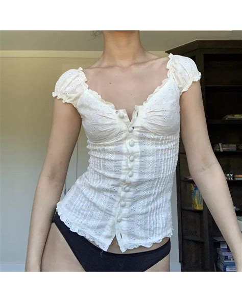 Kawaii White Corset Top T Shirts Lace Trim Vintage Harajuku Button V