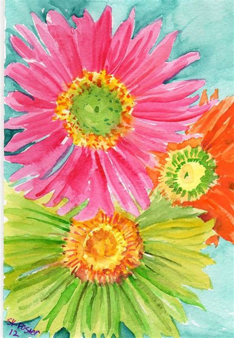 Hot Pink Lime Green And Orange Gerbera Daisies Painting On Aqua