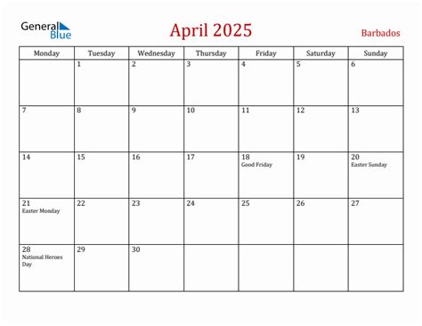 April 2025 Barbados Monthly Calendar with Holidays