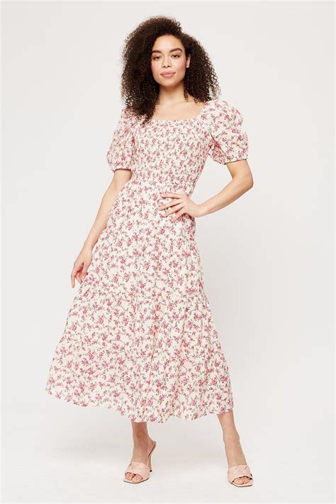 Dorothy Perkins Pink Ditsy Shirred Puff Sleeve Midi Dress Debenhams