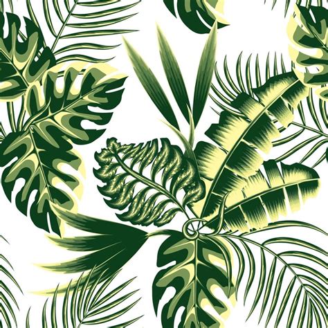 Tropical Seamless Pattern With Green Monochromatic Exotic Plant And Leaves On White Background