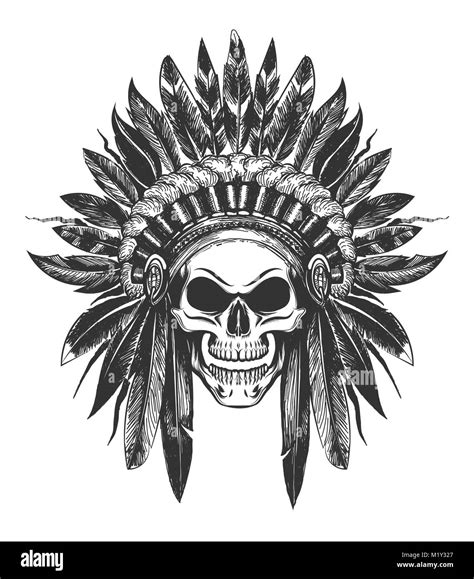 Human Skull In Native American Indian War Bonnet Drawn In Tattoo Style