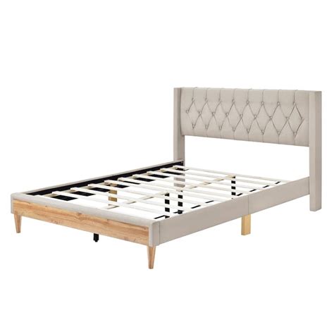 Beige Queen Upholstered Platform Bed W Headboard And Rubber Wood Legs Linen Fabric Queen Size Bed