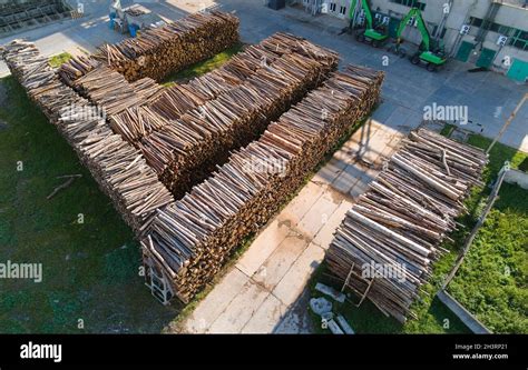 Aerial View Of Wood Processing Factory With Stacks Of Lumber At Plant