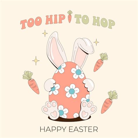 Premium Vector Happy Easter Festive Poster In Retro Groovy Style 60s 70s With Cute Bunny