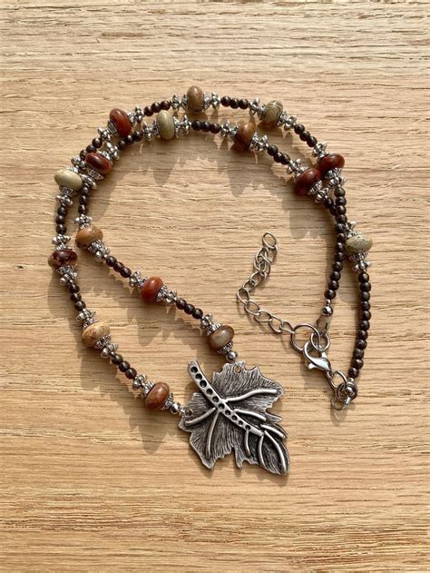 Maple Leaf Fall Beaded Necklace Gemstone Jewelry Focal Etsy Gold Bead Earrings Fall Bead