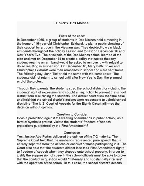 Tinker v Des Moines - n/a - Tinker v. Des Moines Facts of the case: In