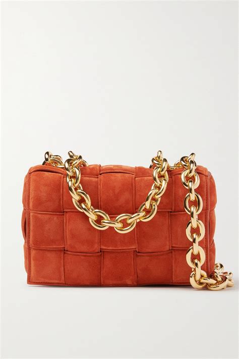 Bottega Veneta Cassette Chain Embellished Padded Intrecciato Suede Shoulder Bag Orange Bag