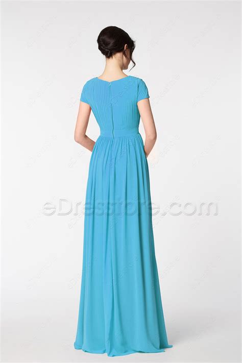 Sky Blue Modest Prom Dresses Long With Cap Sleeves Edresstore