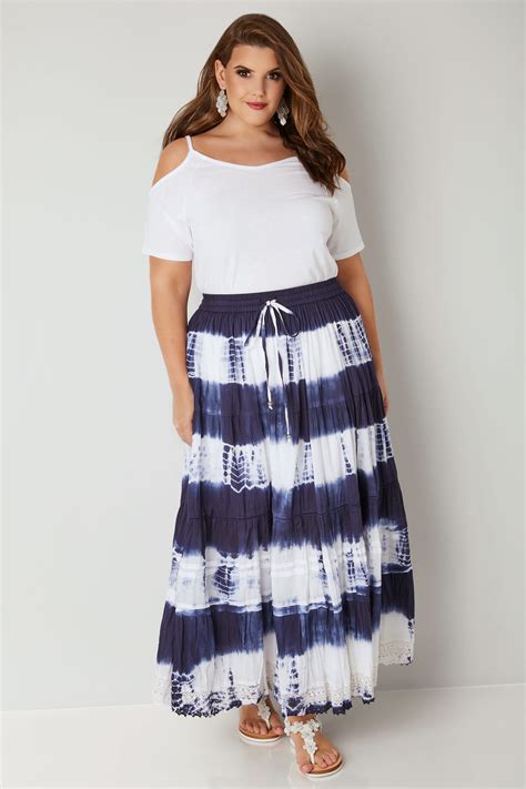 White And Navy Tie Dye Tiered Maxi Skirt With Lace Trim Hem Plus Size 16 To 32 Yours Clothing